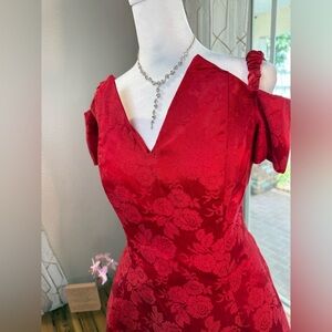 Vintage Gunne Sax Dress Womens 12 Red Jacquard Floral A-Line V-Neck Made USA 90s